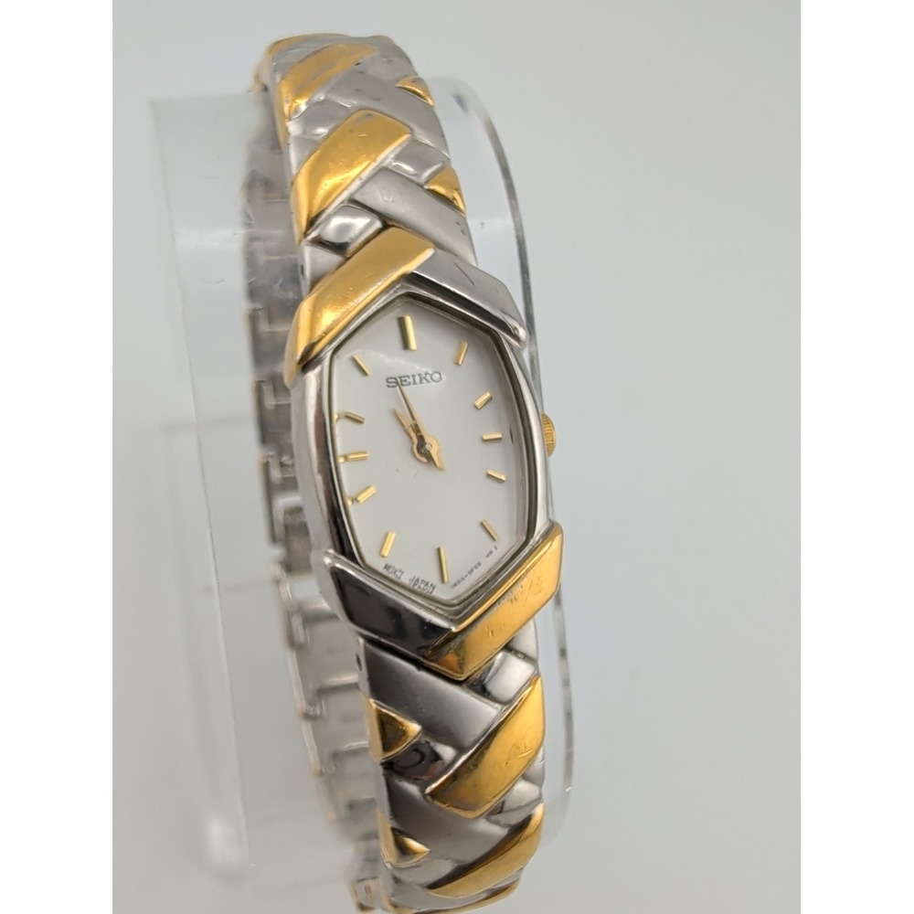 Vintage Seiko Watch Women 16mm White Dial Two Tone Oval 1N00-6R90 New Battery